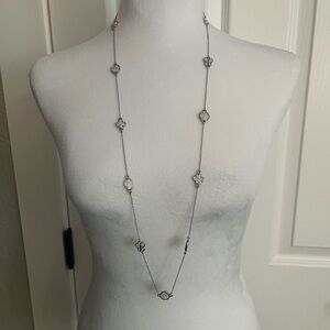 Long Silver Tone Chain Necklace With Crystal Stations Heavy Quality
